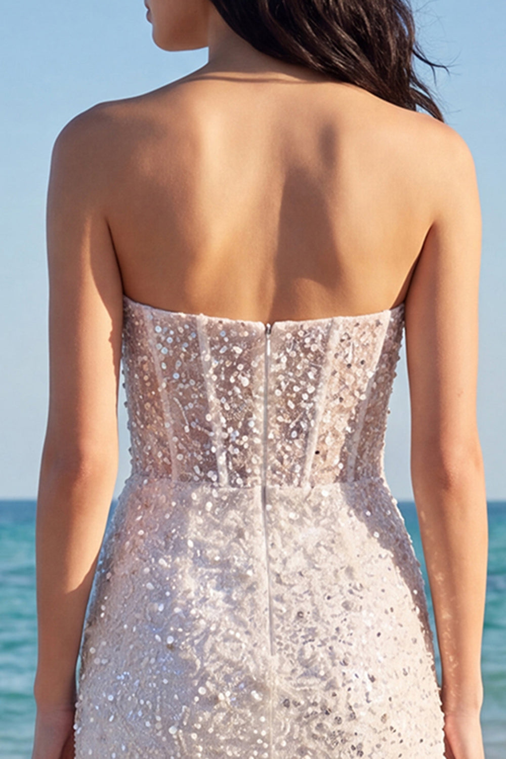 Sparkly Strapless Corset Ruched Bodycon White Dress