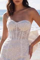 Sparkly Strapless Corset Bodycon Mini White Dress with Bow