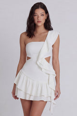 One Shoulder Cut Out Ruffled A Line Mini White Dress