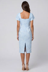 Sky Blue Floral Bodycon Square Neck Midi Work Dress with Slit