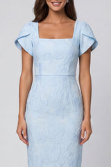 Sky Blue Floral Bodycon Square Neck Midi Work Dress with Slit