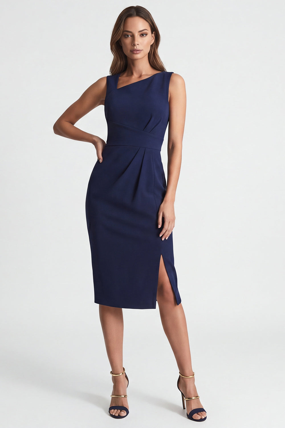 Asymmetrical Neck Ruched Bodycon Navy Midi Work Dress with Slit