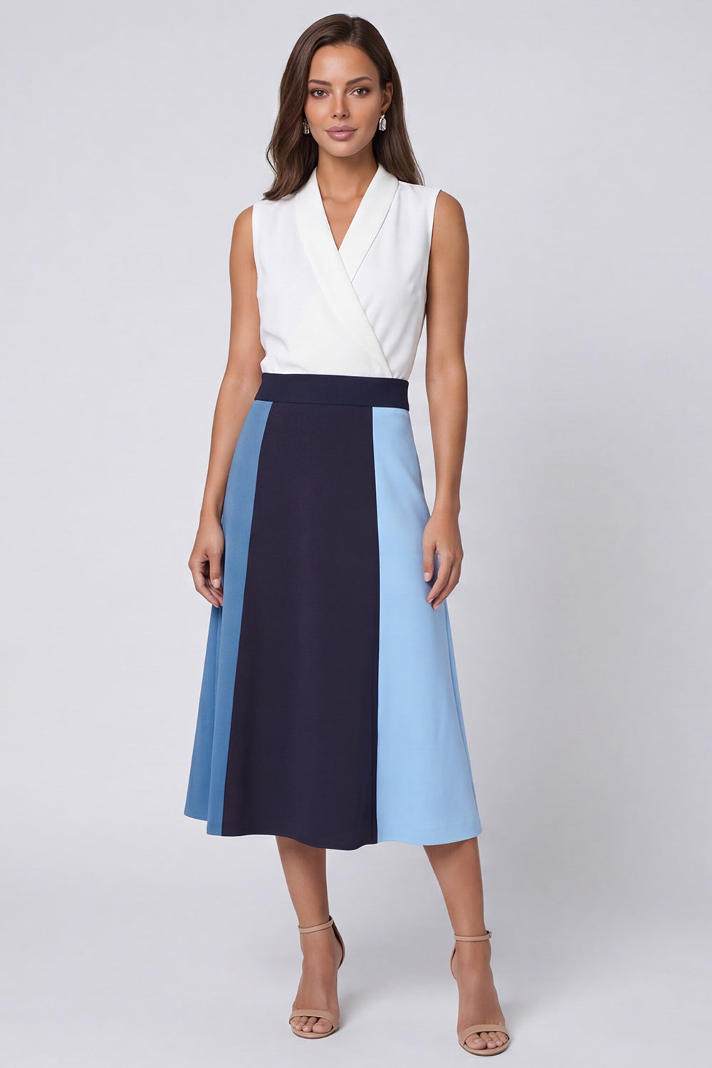 Colorblock A Line Ivory and Blue Midi Work Dress
