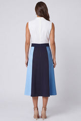 Colorblock A Line Ivory and Blue Midi Work Dress