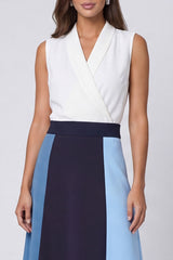 Colorblock A Line Ivory and Blue Midi Work Dress