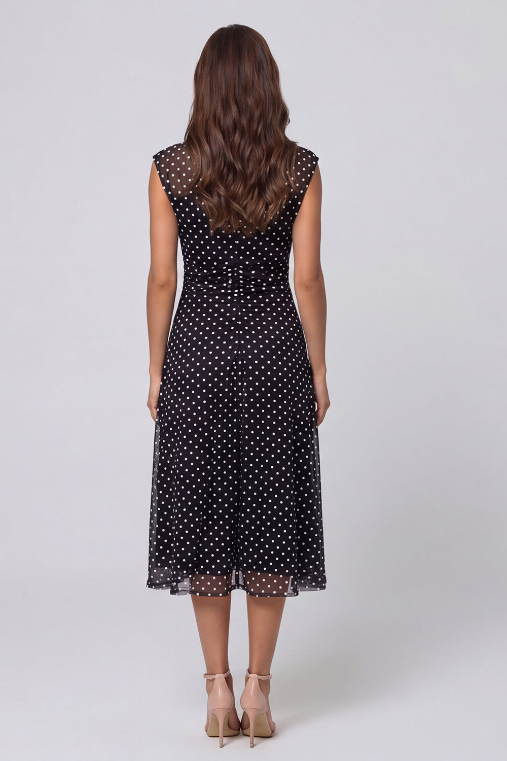 Black and White Polka Dot Sleeveless A Line Midi Work Dress