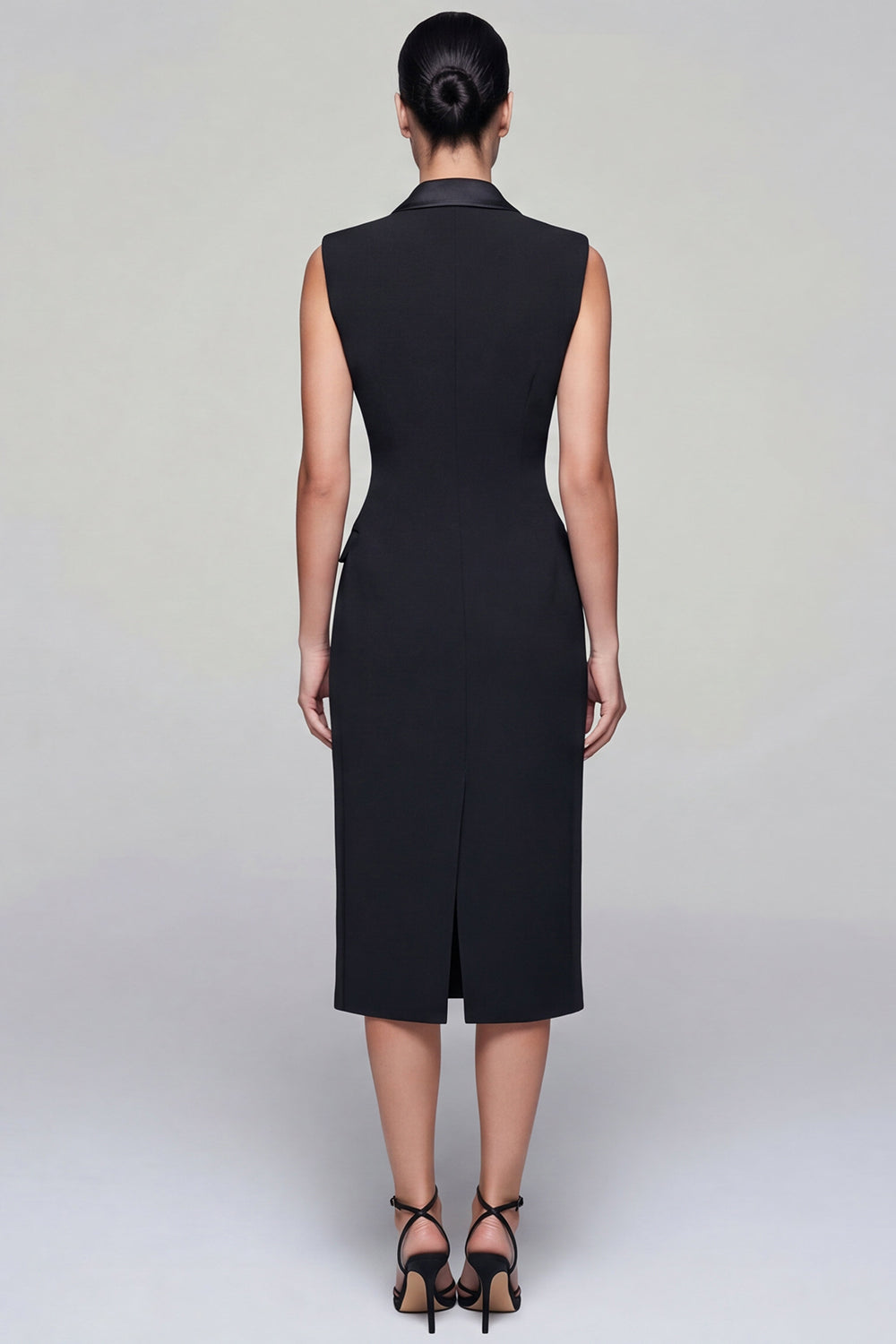 Peaked Lapel Black Bodycon Midi Work Dress with Slit