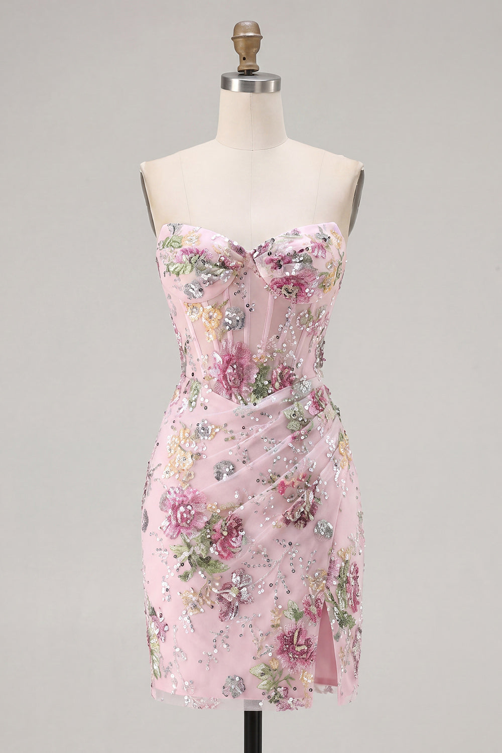 Strapless Floral Pink Sequin Corset Mini Homecoming Dress
