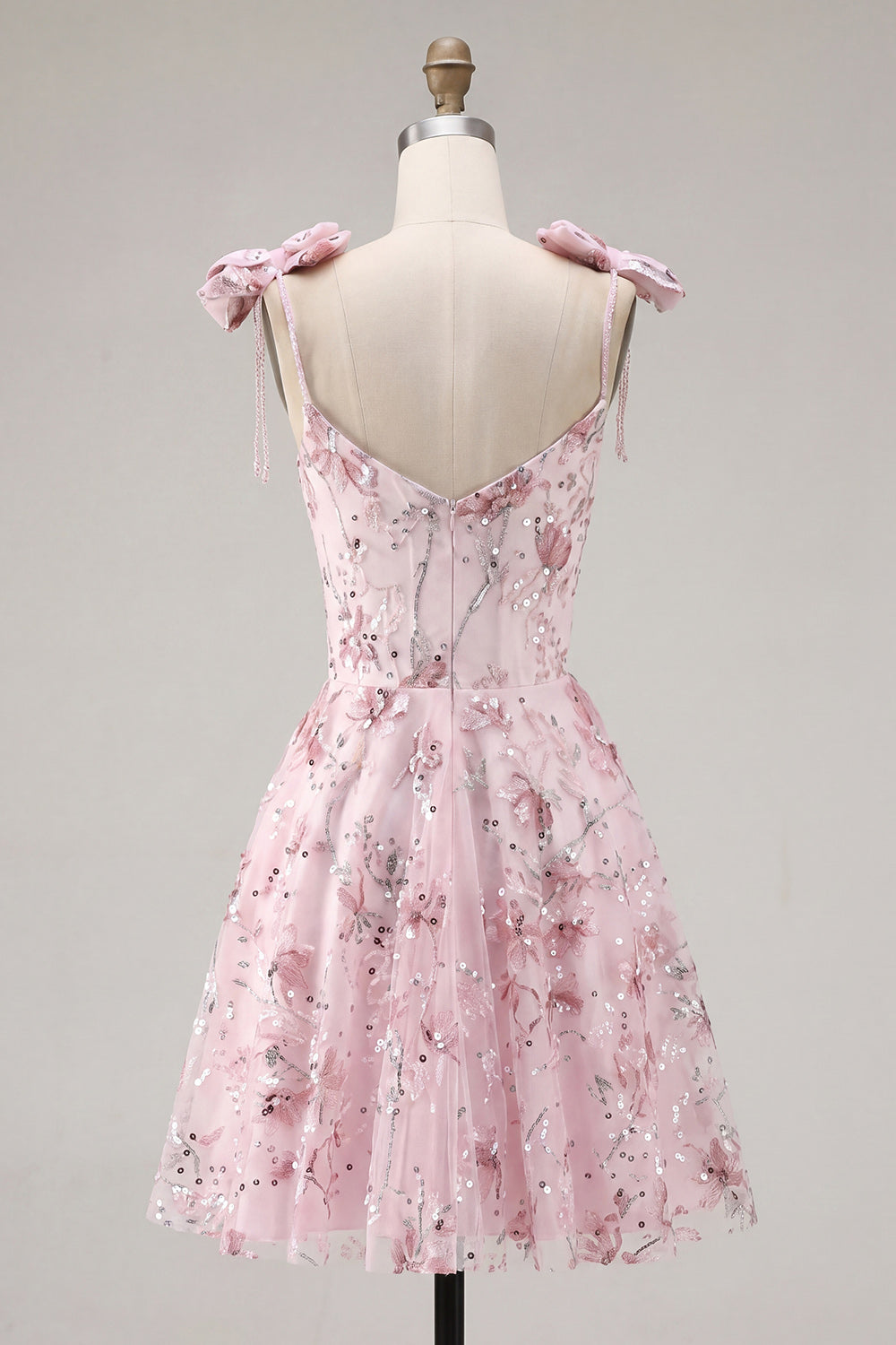 Floral Pink Sequin A Line Corset Homecoming Dress with Bows