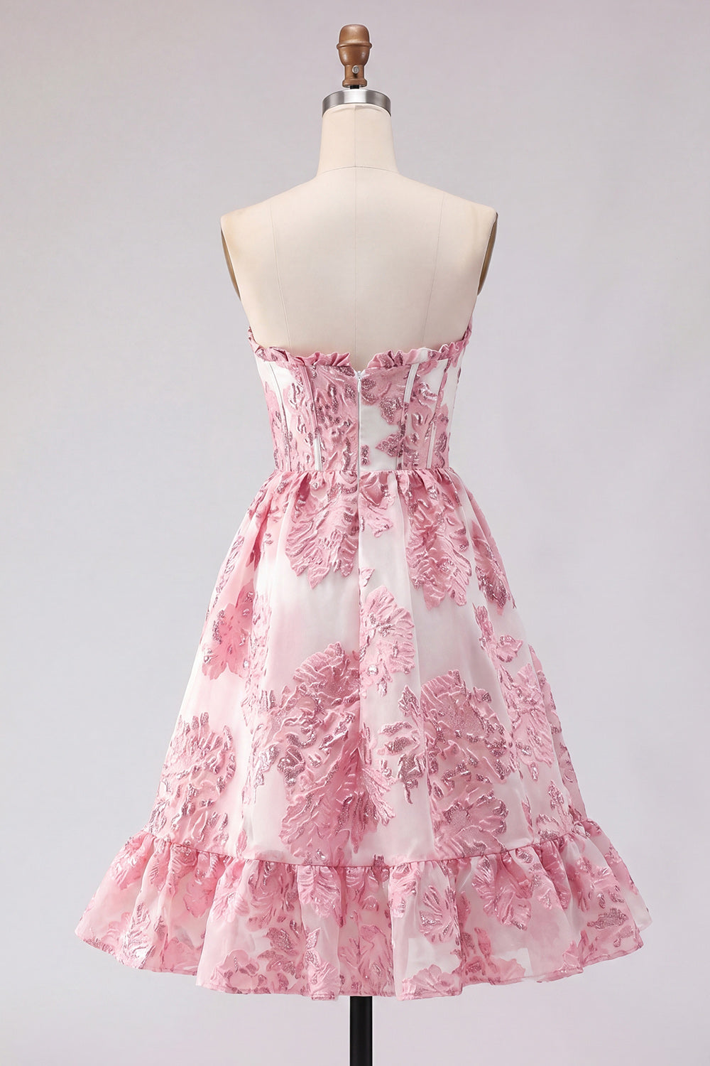 Pink Floral Strapless Corset A Line Homecoming Dress with Ruffles