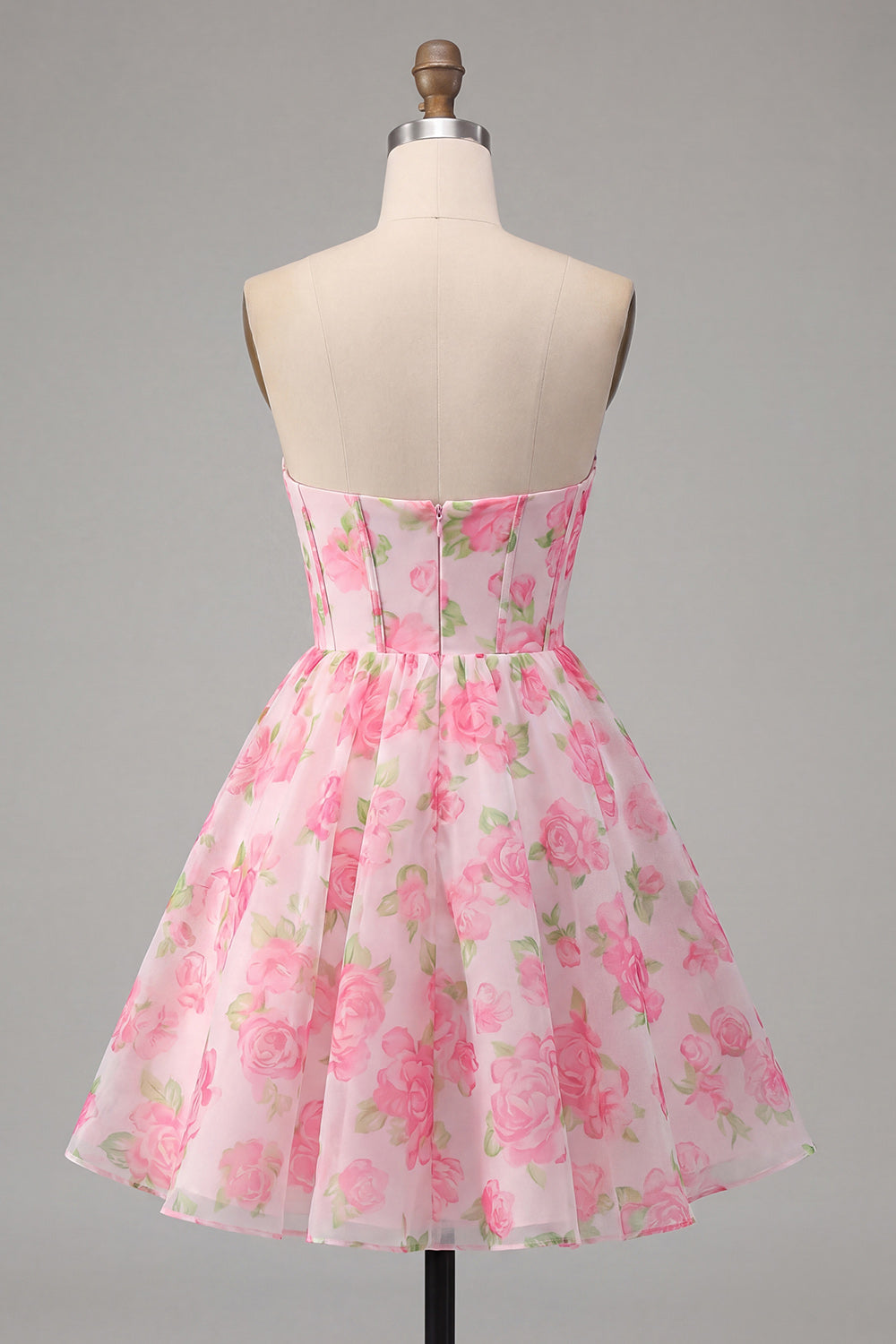 Floral Pink Strapless Corset A Line Homecoming Dress