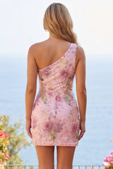 One Shoulder Sequin Floral Pink Bodycon Mini Homecoming Dress