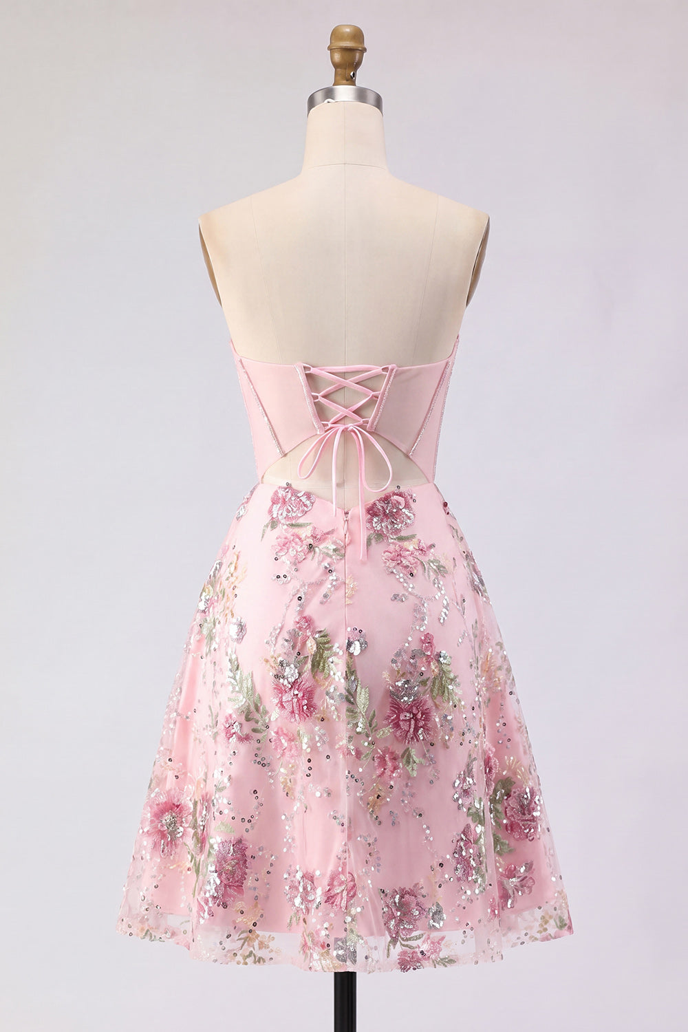 Strapless Corset Sequin Floral Pink Appliqued Homecoming Dress
