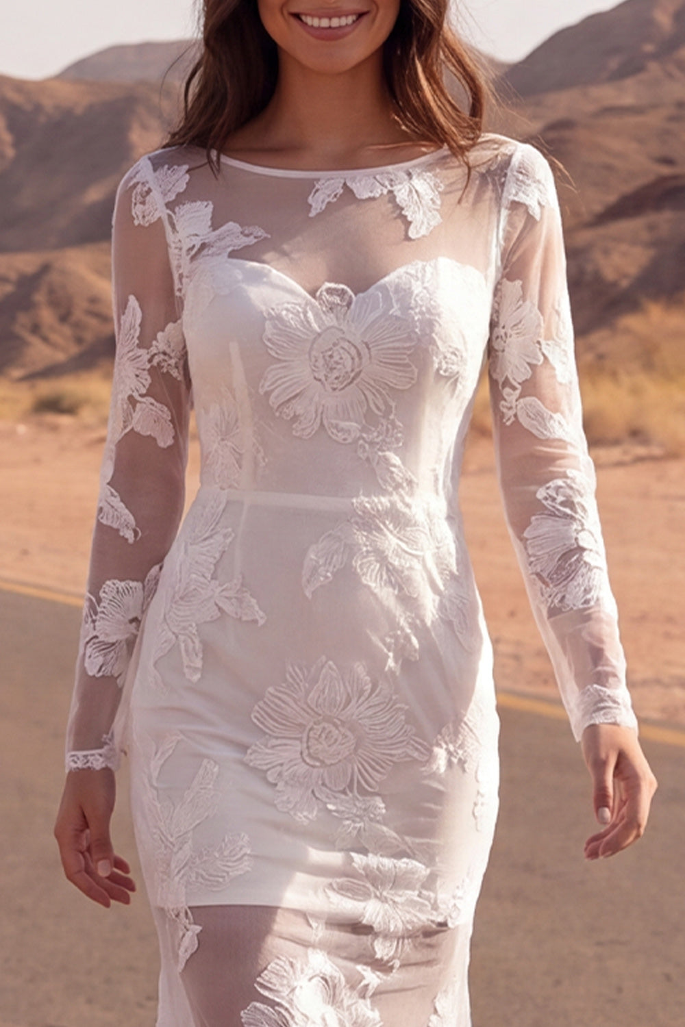 Long Sleeve Embroidered Ivory Mermaid Maxi Boho Wedding Dress