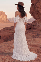 Lace Cold Shoulder Ivory Mermaid Ruffled Boho Wedding Dress