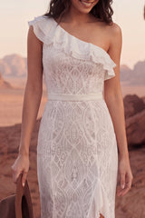One Shoulder Ruffled Ivory Mermaid Lace Boho Wedding Dress
