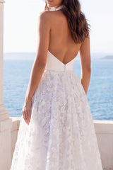 Halter Floral A Line Backless Ivory Maxi Wedding Dress