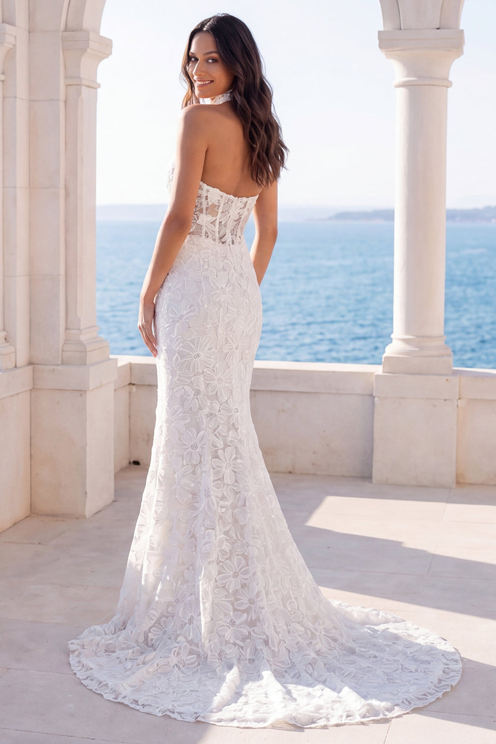 Halter Floral Mermaid Corset Backless Ivory Wedding Dress