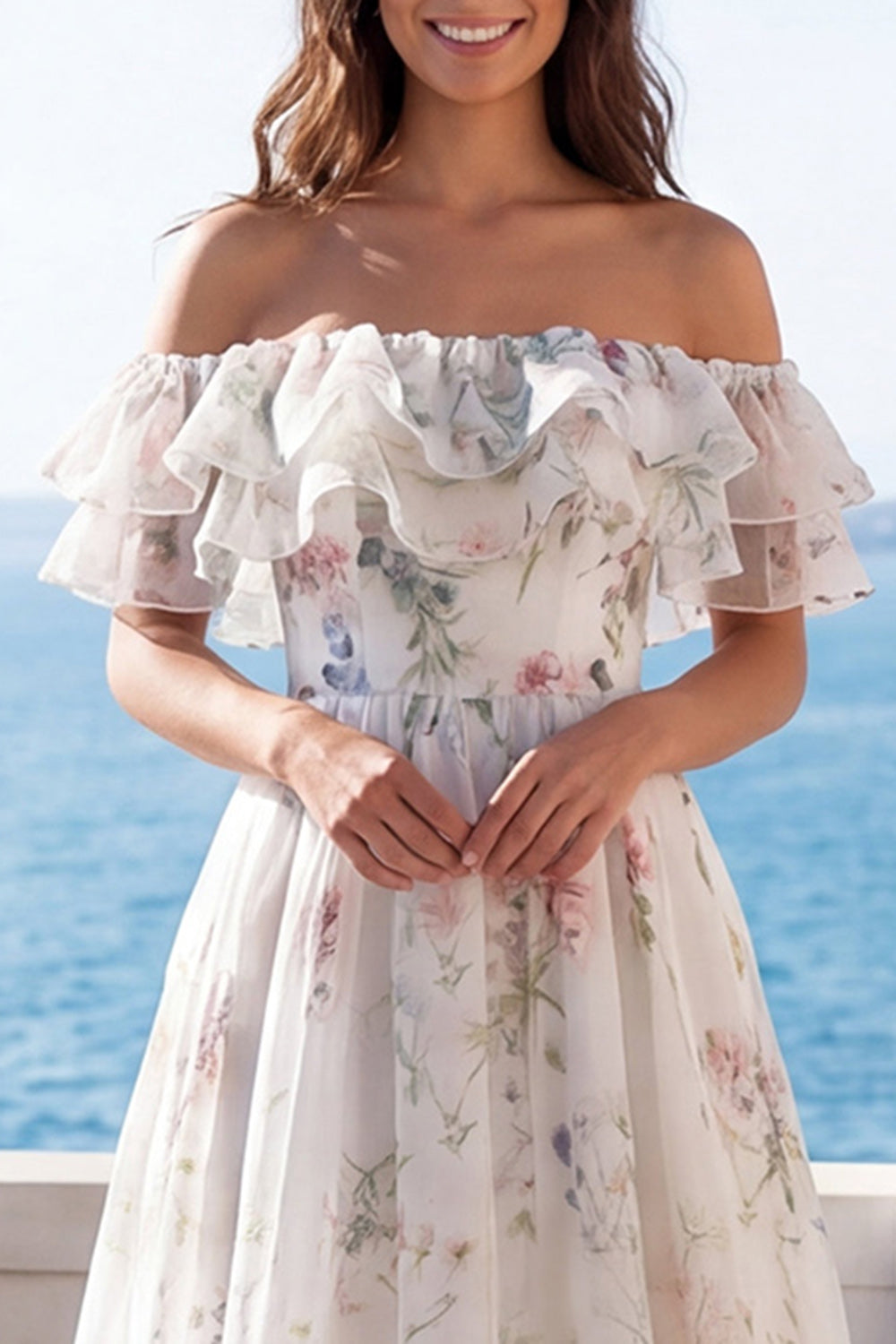 Off the Shoulder Ruffled A Line Printed Ivory Maxi Wedding Dress