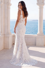 Floral Mermaid Ivory V Neck Maxi Wedding Dress