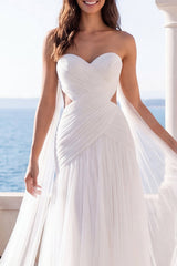 Strapless Ruched Pleated Cut Out Ivory Maxi Wedding Dress