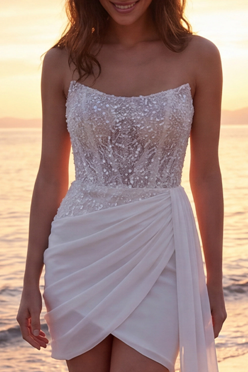 Sparkly Strapless Ivory Ruched Mini Wedding Dress with Streamer