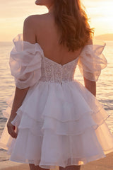 Off the Shoulder Sequin Corset Tiered Mini White Dress