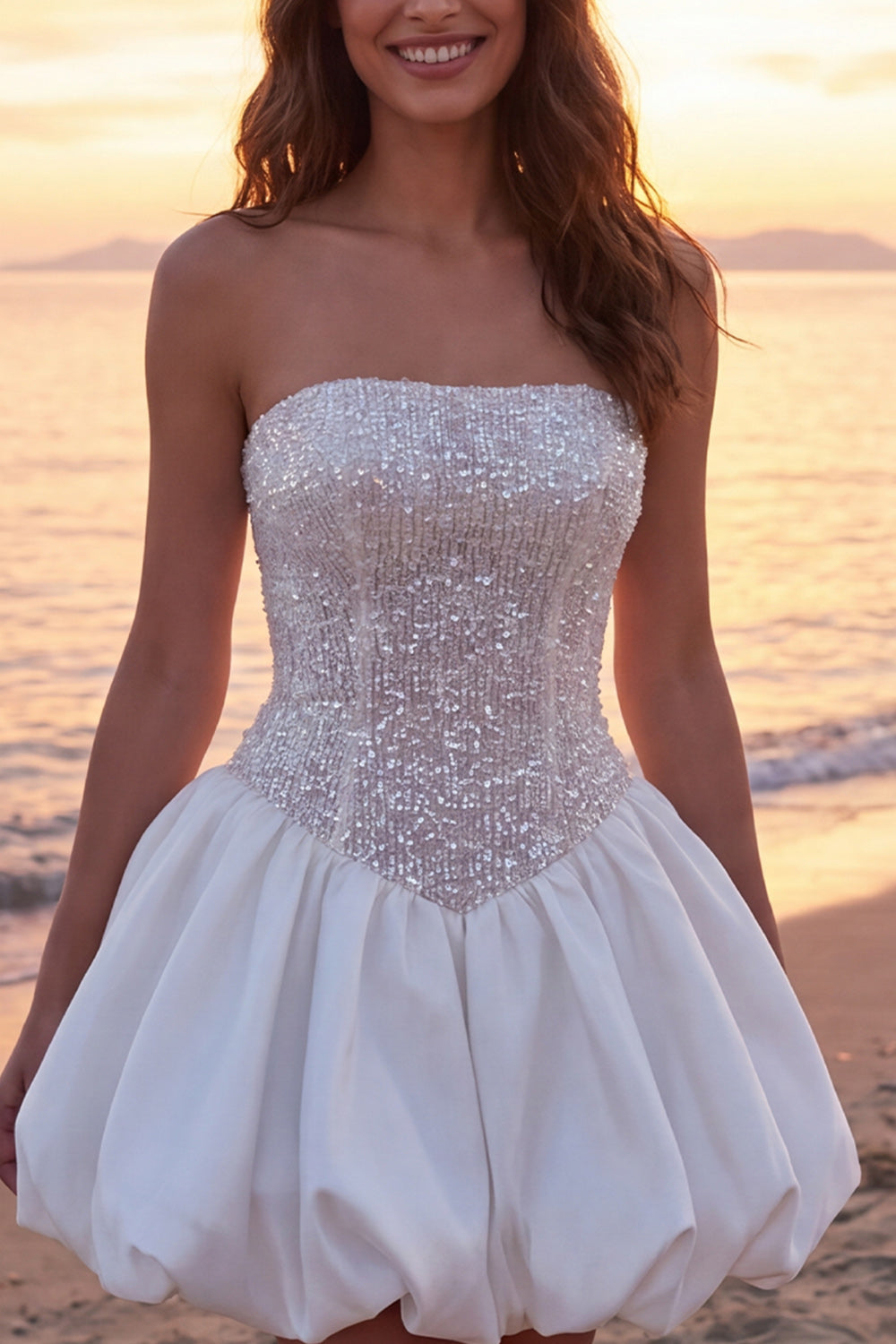 Strapless Sequin Corset A Line Mini White Dress