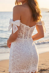Off the Shoulder Lace Corset Bodycon Mini White Dress with Bows