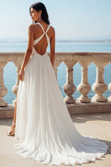 Ruched A Line Ivory Wedding Dress with Slit