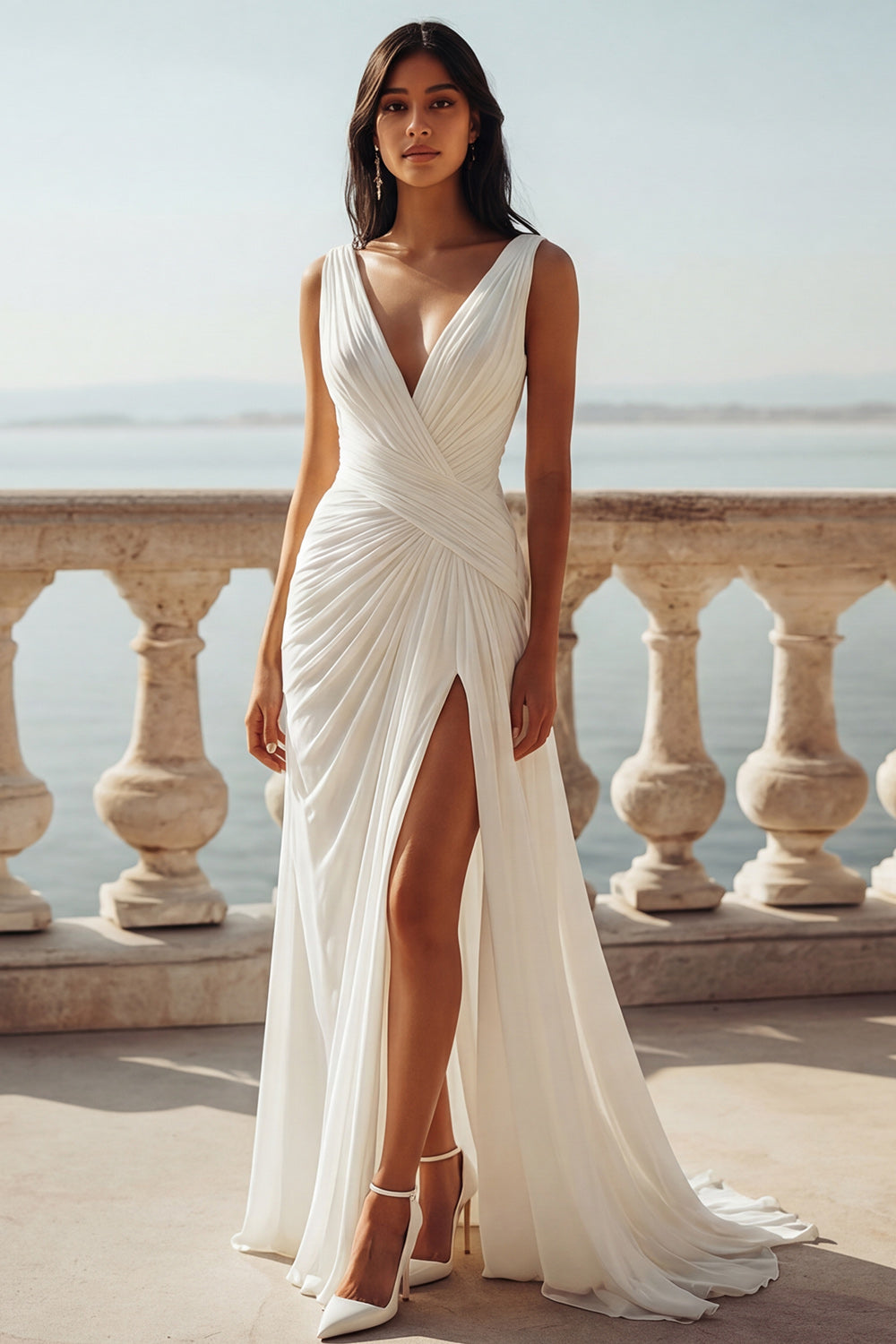 Ruched A Line Ivory V Neck Wedding Dress with Slit
