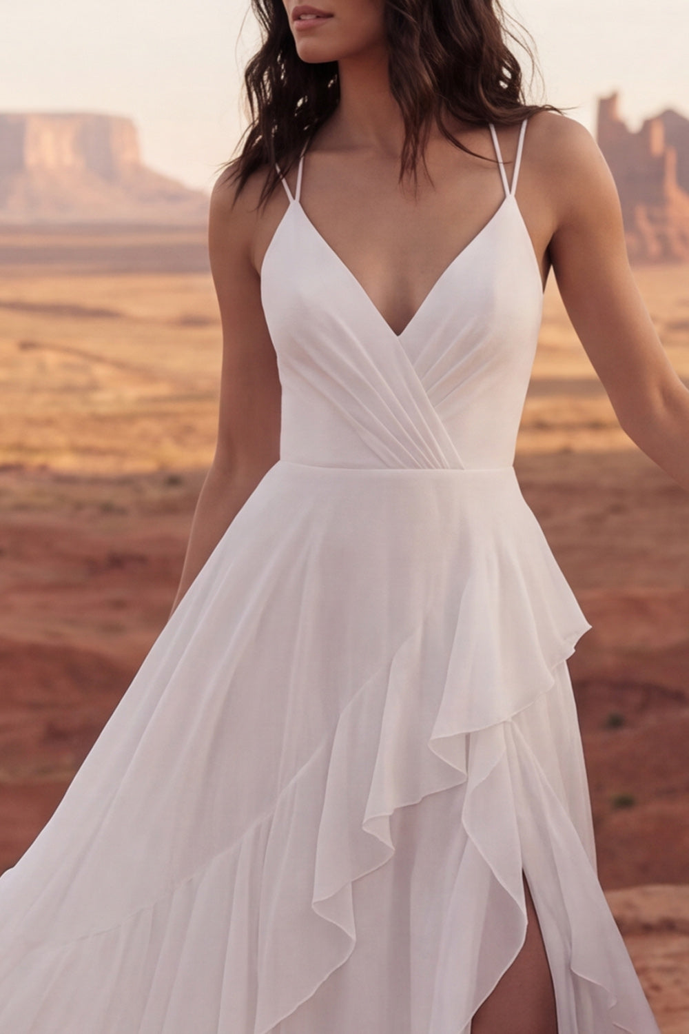 Ruffled A Line Ivory Chiffon Boho Wedding Dress with Slit