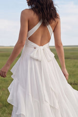 Ruffled A Line Ivory Cut Out Boho Wedding Dress with Bow