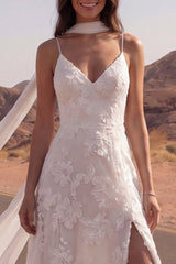 Appliqued A Line Ivory Boho Wedding Dress with Slit
