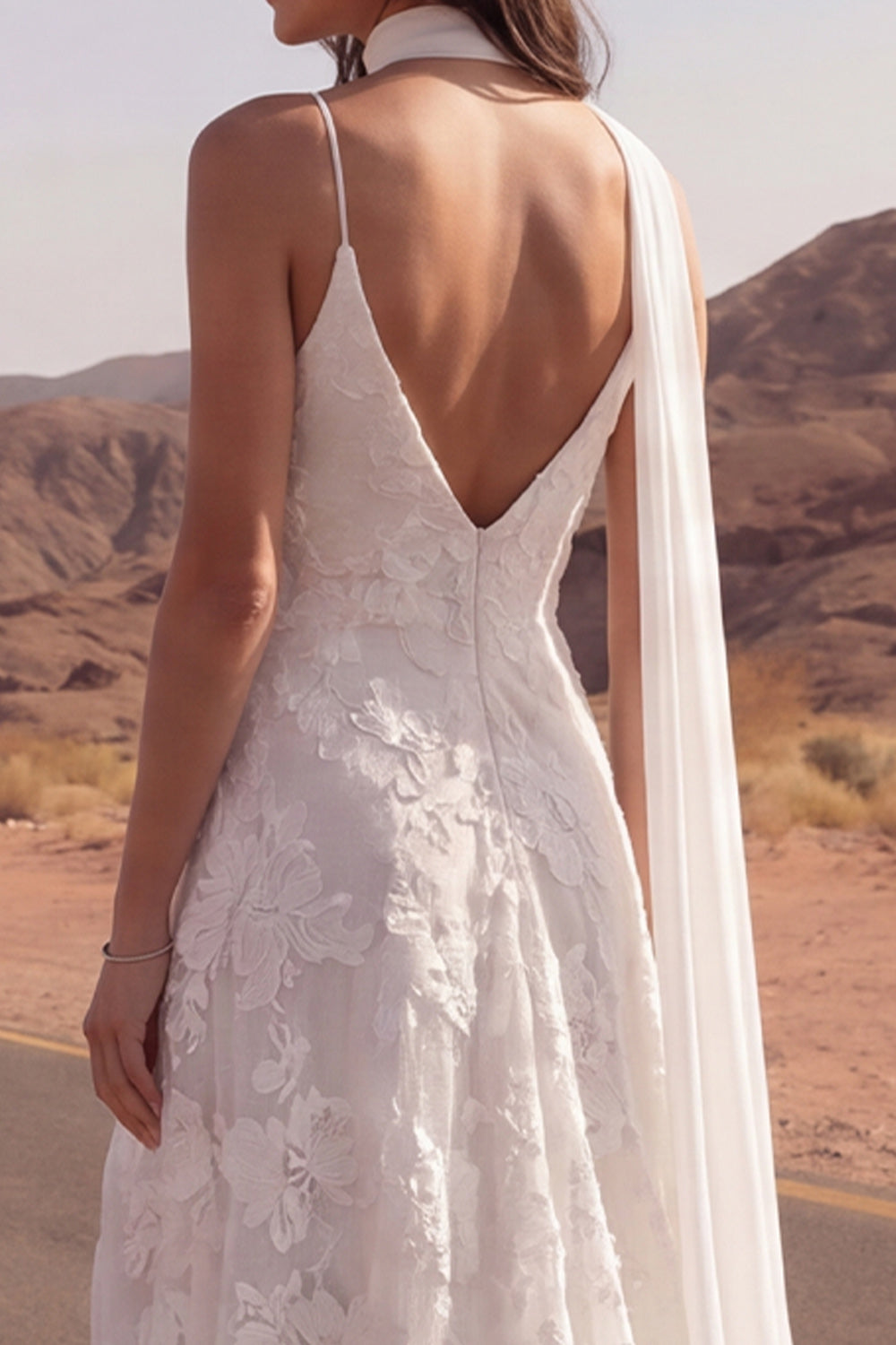 Appliqued A Line Ivory Boho Wedding Dress with Slit
