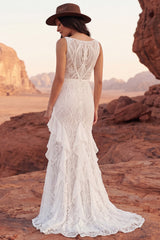 Bateau Neck Lace Mermaid Ruffled Ivory Boho Wedding Dress