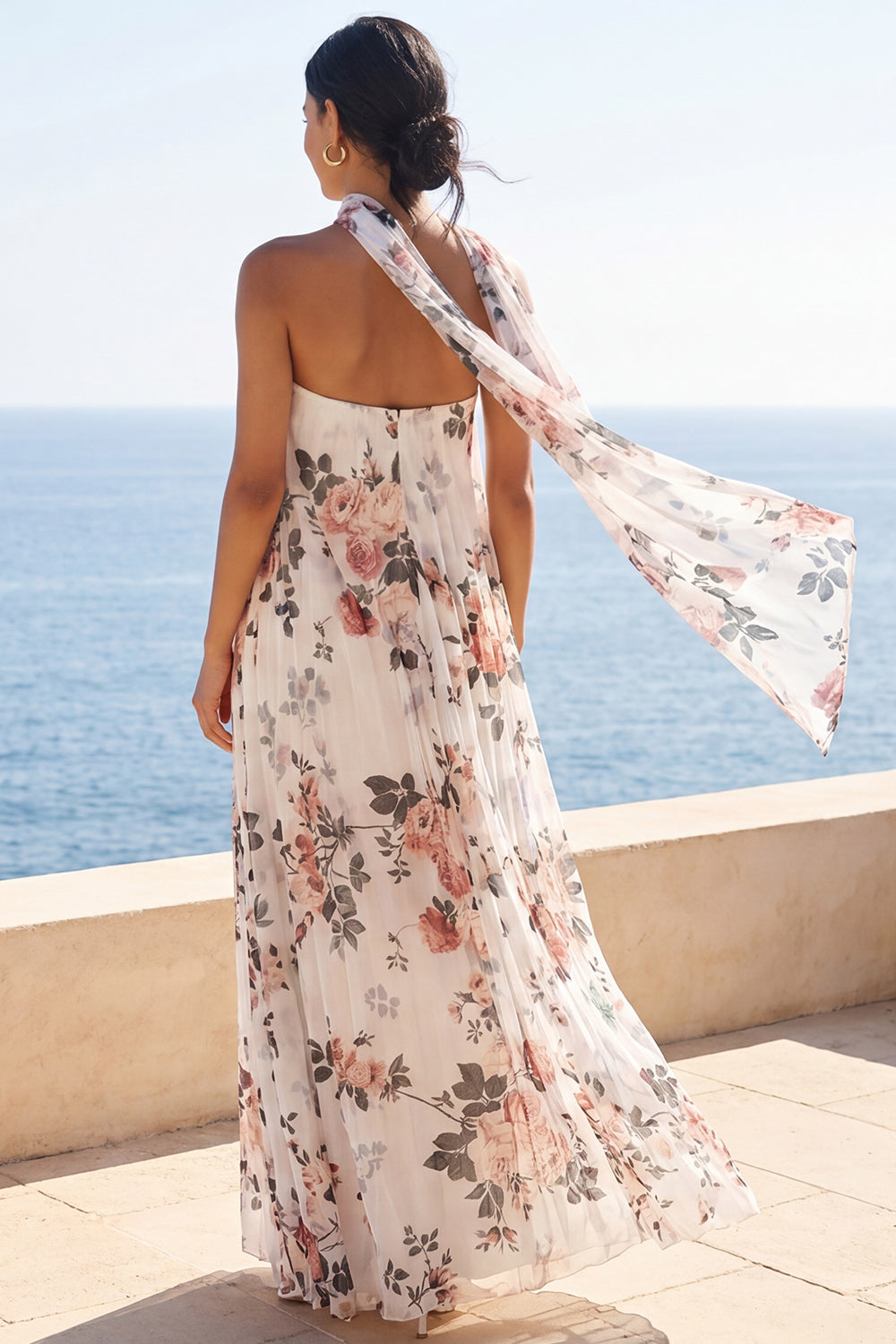 Ivory A Line Sweetheart Floral Wedding Guest Dress with Scarf