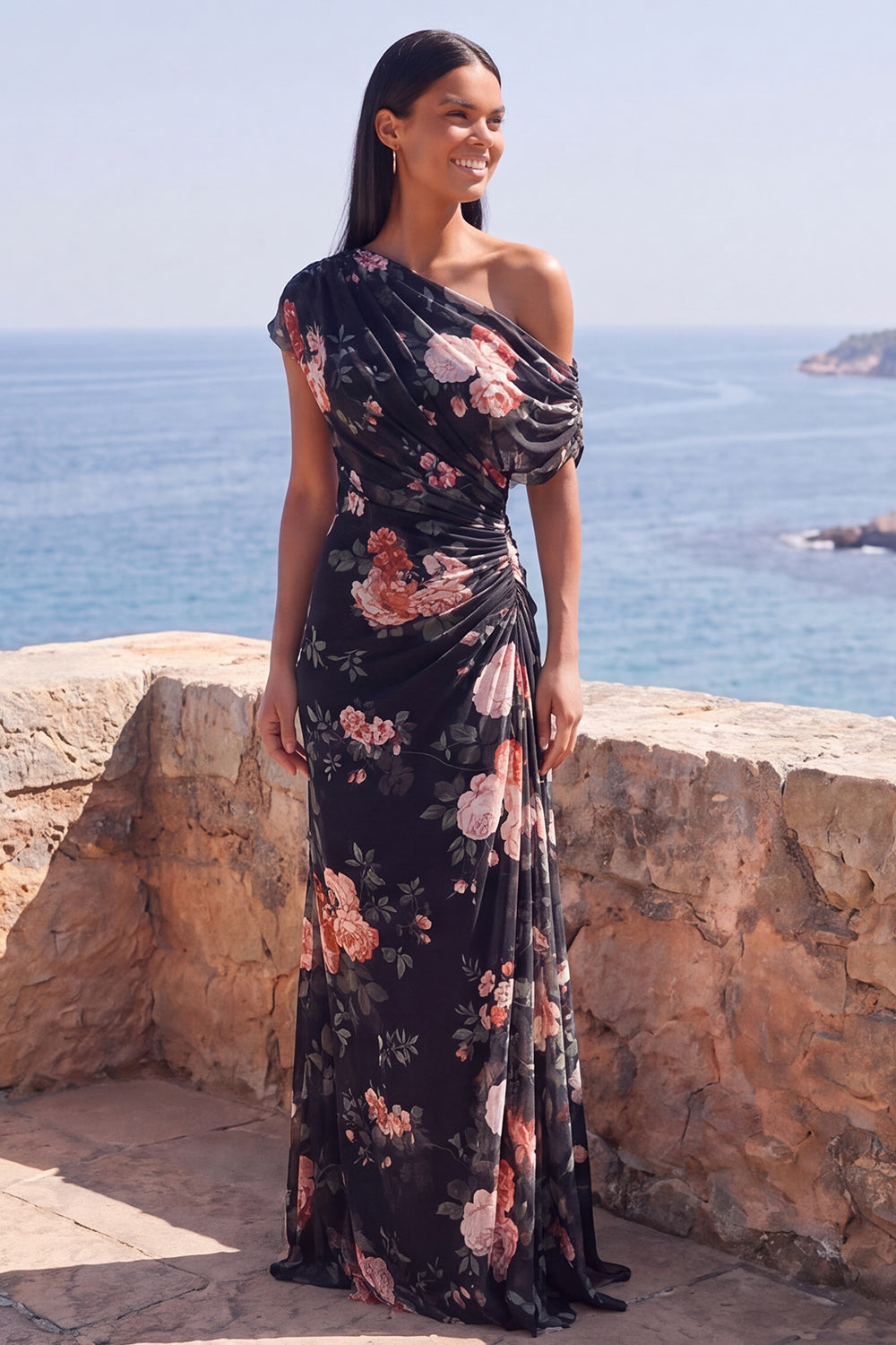 One Shoulder Sheath Ivory Floral Wedding Guest Dress with Slit