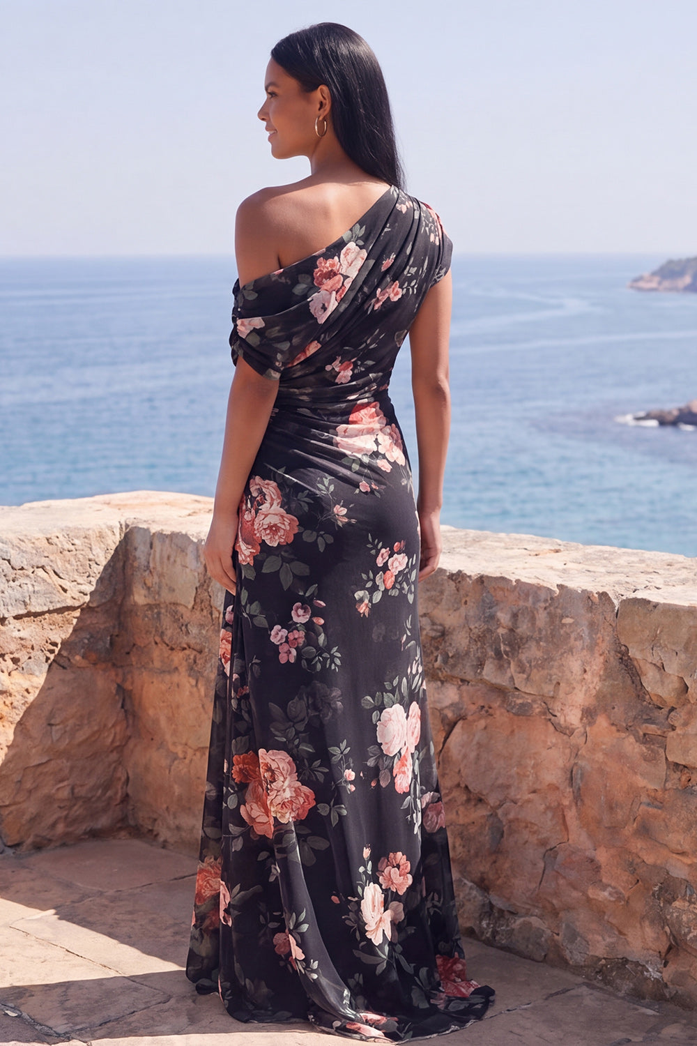One Shoulder Sheath Ivory Floral Wedding Guest Dress with Slit