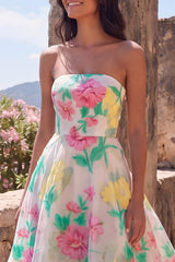 Strapless Daffodil Pink Floral A Line Maxi Dress