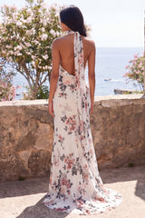 Halter Ivory Floral Maxi Wedding Guest Dress with Twist Front