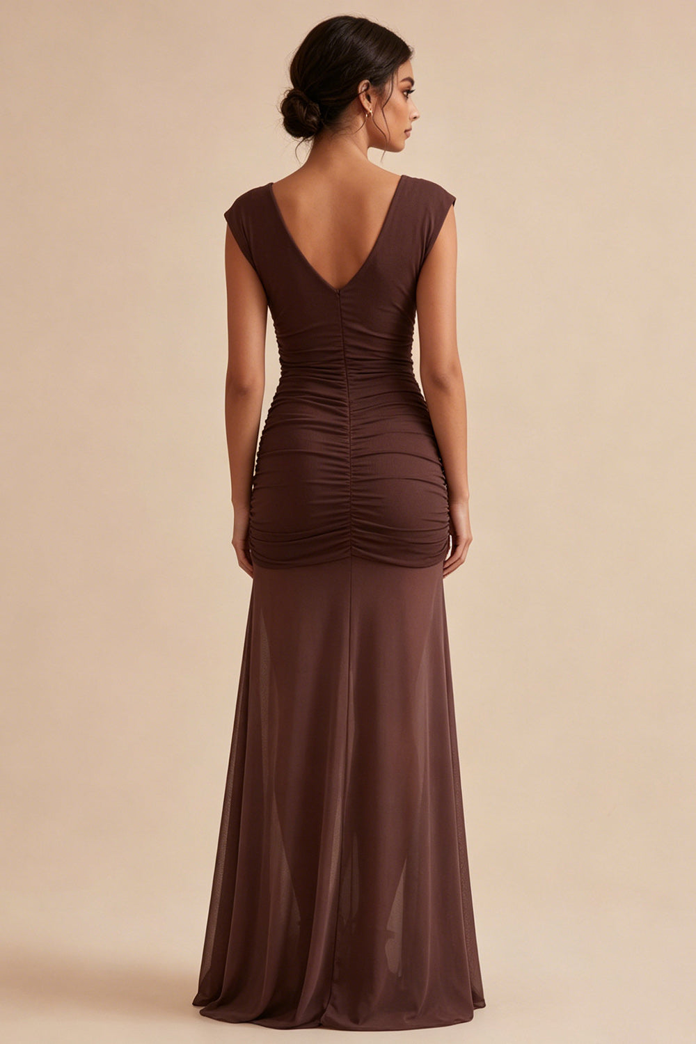 Brown Mermaid Ruched Chiffon V Neck Maxi Formal Dress