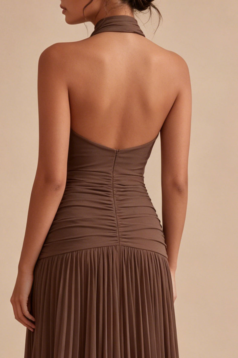 Halter Dark Coffee A Line Ruched Pleated Formal Dress
