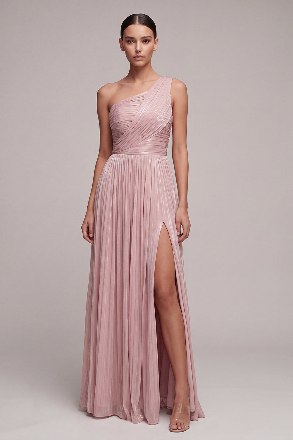 One Shoulder Dusty Rose A Line Ruched Pleated Formal Dress