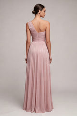 One Shoulder Dusty Rose A Line Ruched Pleated Formal Dress