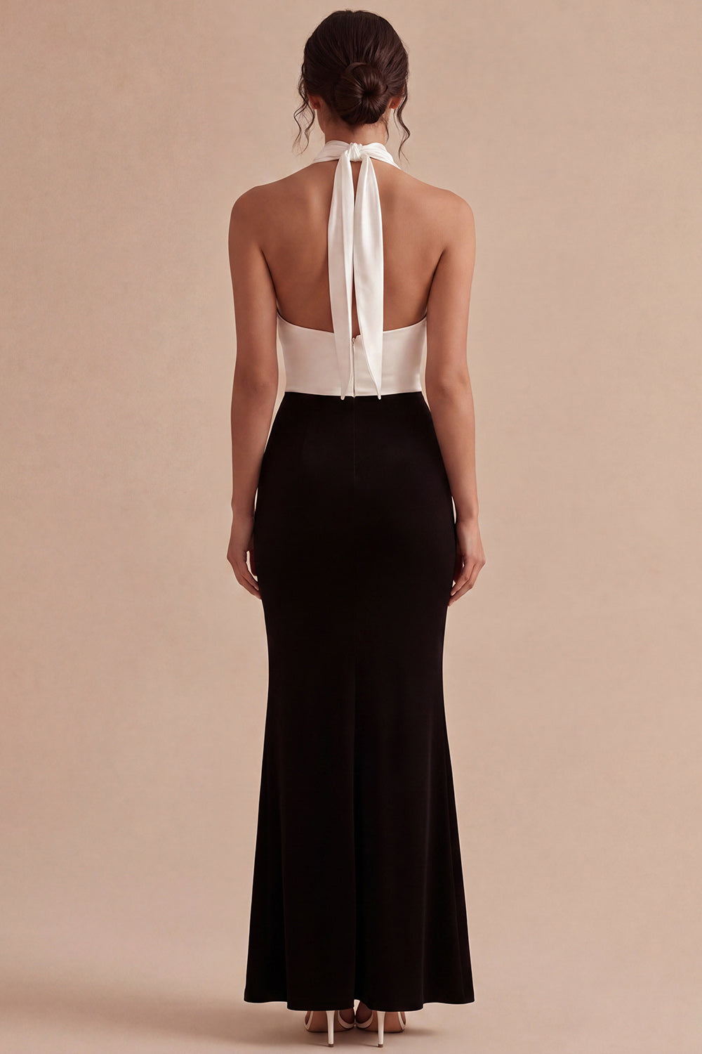 Halter Black and White ColorBlock Ruched Mermaid Formal Dress