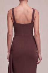 Mermaid Brown Ruched Chiffon Maxi Formal Dress with Side Cape
