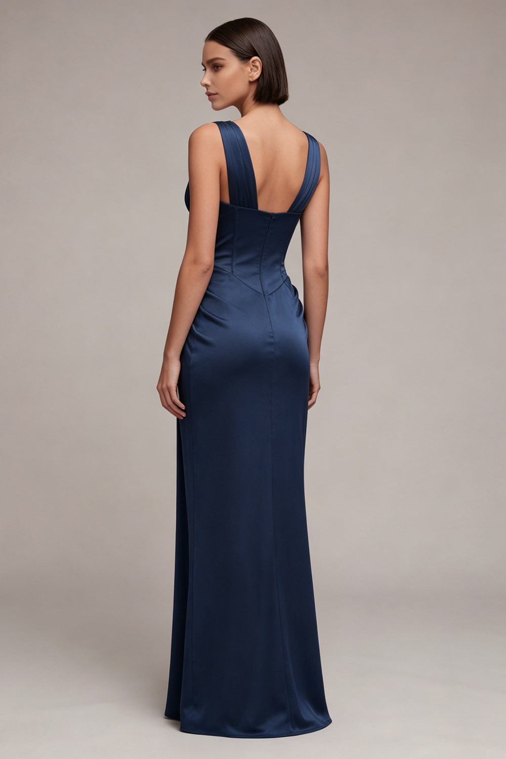 Navy Corset Lace Pleated Mermaid Maxi Formal Dress