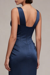 Navy Corset Lace Pleated Mermaid Maxi Formal Dress