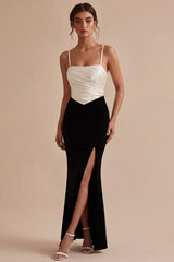 Mermaid Ruched ColorBlock Black and White Maxi Formal Dress with Slit